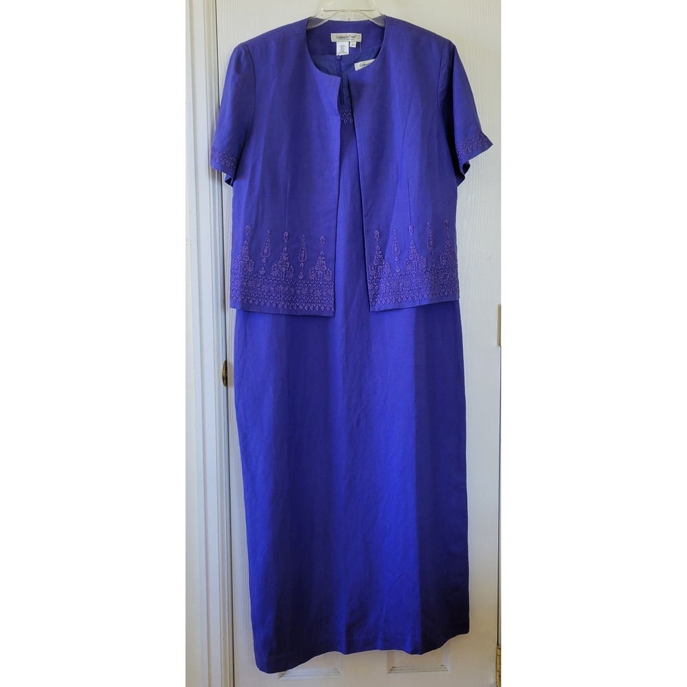 Cold Water Creek Dress With Jacket Size 14 Embroidered Purple 3/4 Sleeve Linen